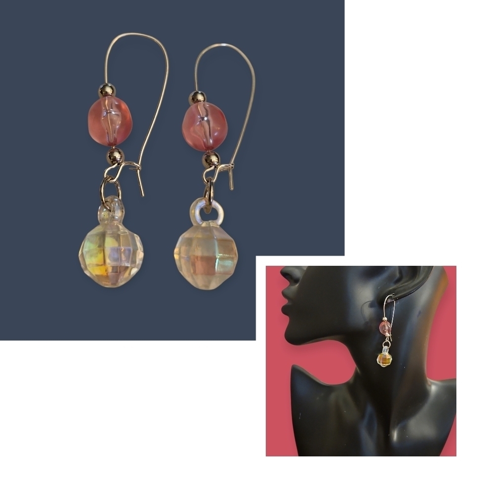 3/$30 HANDCRAFTED Silver and Pink Beaded Disco Ball Hoop Earrings